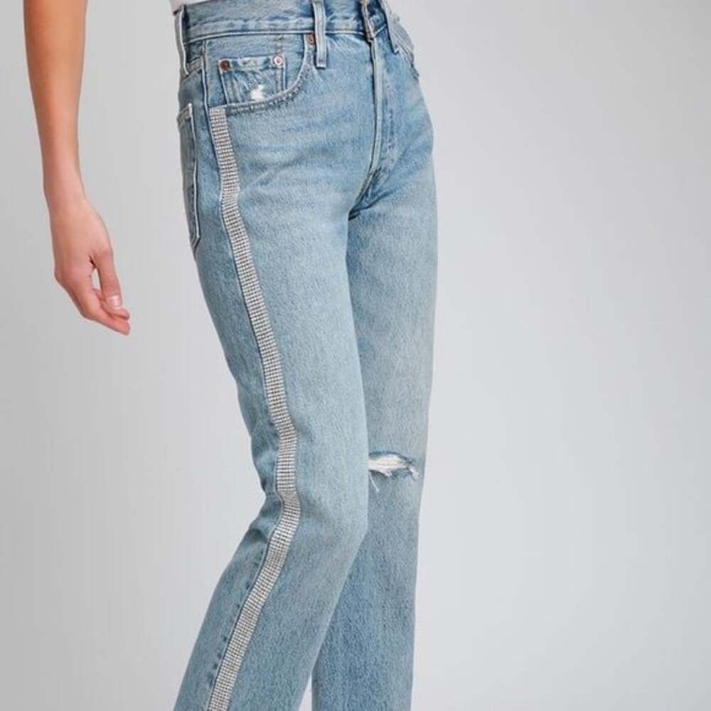Levi's 501 Original Cropped Straight Leg Jeans with Crystal Rhinestone Side Stri